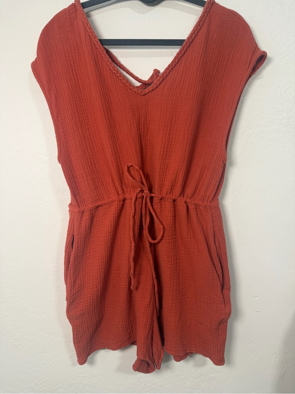 New In Rust Orange Gauze Romper Boho Tie Back Pockets Cotton Size L